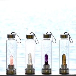 Crystal Glass Water/Tea Bottle with Gemstone Center Crystal Elixir Gemstones